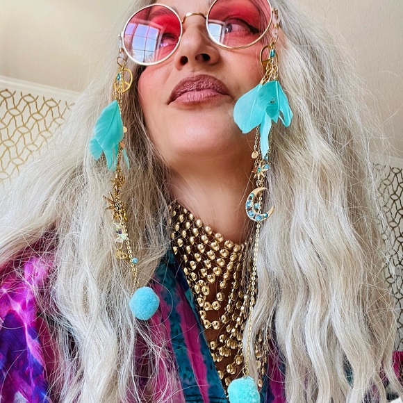 TURQUOISE PINK POM POM PEACE FUNGLASSES - Picture 1 of 9
